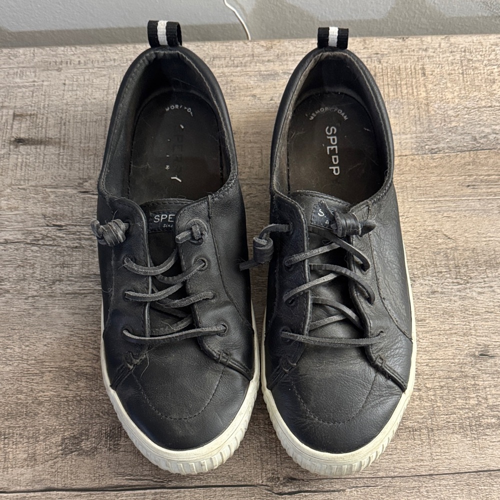 Sperry Black Leather Shoes with White Stitching